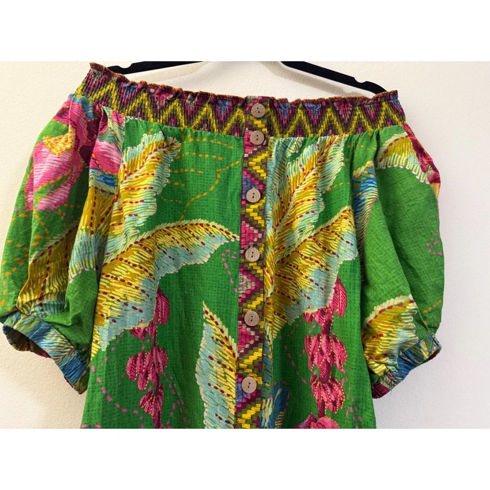 Farm Rio Off The Shoulder Maxi Dress Green Floral Puff Sleeve Button Front M - Picture 4 of 15